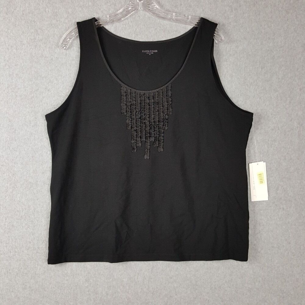 Eileen Fisher Womens Tank Shirt Black Ruffle Round Neck Stretch Casual XL NWT